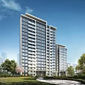 Modern High Rise Residential Building with Greenery Trees Lawn and Blue Sky