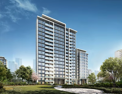 Modern High Rise Residential Building with Greenery Trees Lawn and Blue Sky 3d model