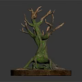 Detailed Dry Tree Model With Green Moss Covered Trunk And Circular Base 3d model