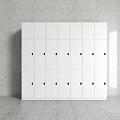 Modern White Wardrobe With Multiple Doors And Metal Handles In Gray Interior