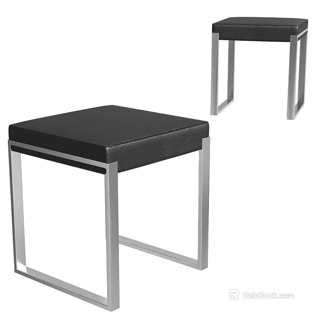 Minimalist Black Leather Stools With Square Seats And Silver Metal Frames 3d model
