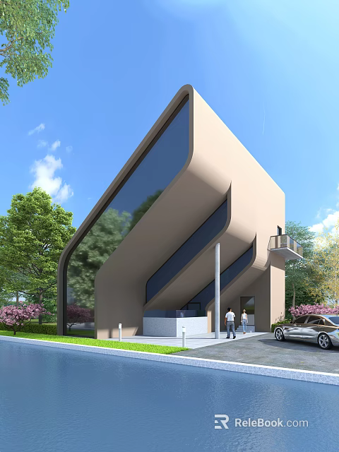 Modern Detached Villa With Large Glass Windows Geometric Design And Lush Green Trees 3d model 