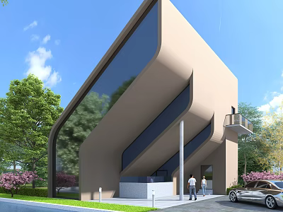 Modern Detached Villa With Large Glass Windows Geometric Design And Lush Green Trees 3d model