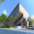 Modern Detached Villa With Large Glass Windows Geometric Design And Lush Green Trees