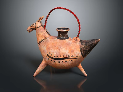 Vintage Handcrafted Horse Shaped Ceramic Water Vessel With Red Handle And Three Legs 3d model