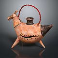 Vintage Handcrafted Horse Shaped Ceramic Water Vessel With Red Handle And Three Legs