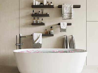 Modern Bathtub With Flower Petals And Bath Products 3d model