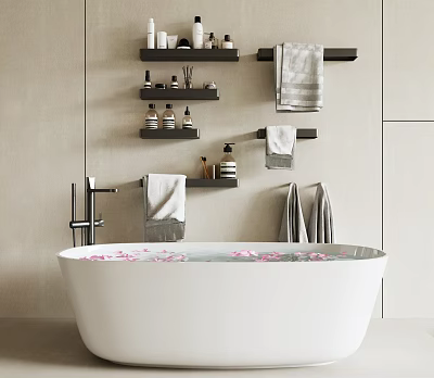 Modern Bathtub With Flower Petals And Bath Products 3d model