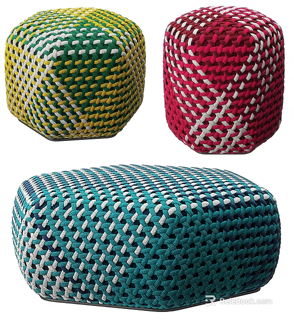 Colorful Woven Ottomans with Vibrant Hues and Intricate Patterns for Home Decor 3d model 