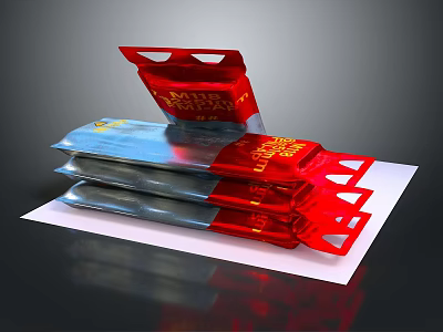 Red and Silver Foil Packaging Equipment Pouches with Resealable Tops Stacked on White Surface 3d model