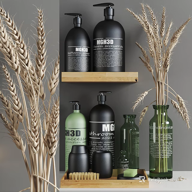 Bathroom Accessories With Black And Green Shampoo Conditioner Bottles On Wooden Shelf And Wheat Ears 3d model 