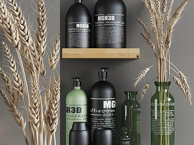 Bathroom Accessories With Black And Green Shampoo Conditioner Bottles On Wooden Shelf And Wheat Ears 3d model