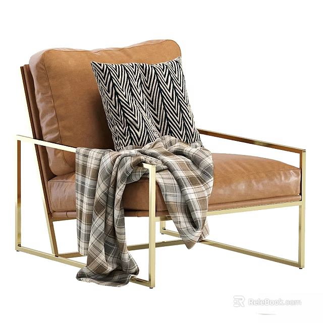 Brown Leather Accent Chair With Gold Metal Frame And Chevron Pillow Plaid Blanket 3d model 