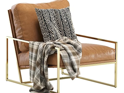 Brown Leather Accent Chair With Gold Metal Frame And Chevron Pillow Plaid Blanket 3d model