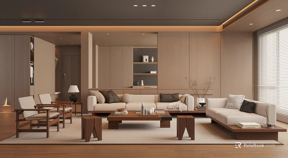 Modern Living Room Interior Design With Beige Sofa Wooden Furniture And Recessed Lighting 3d model 