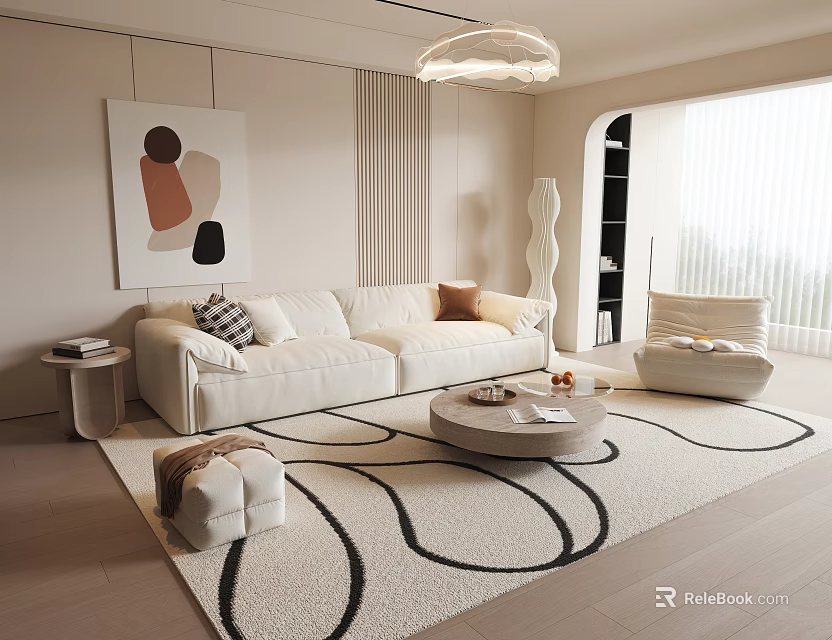 Modern Cream Tone Sofa And Round Coffee Table Set For Cozy Minimalist Living Room Decor 3d model 