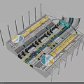 Modern Transportation Hub 3D Structure With Yellow Marked Areas Blue Signs White Pillars And Tracks