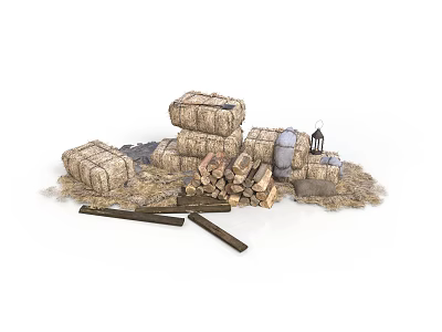 Vintage Stacked Wooden Crates Piled Firewood Barrels And Lantern On Straw 3d model