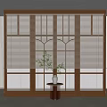 Modern Wooden Frame Blinds As Interior Partition With Vase On Side Table