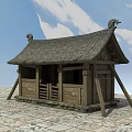 Ancient Traditional Wooden Building With Sloped Roof Ornamental Figures And Stone Base