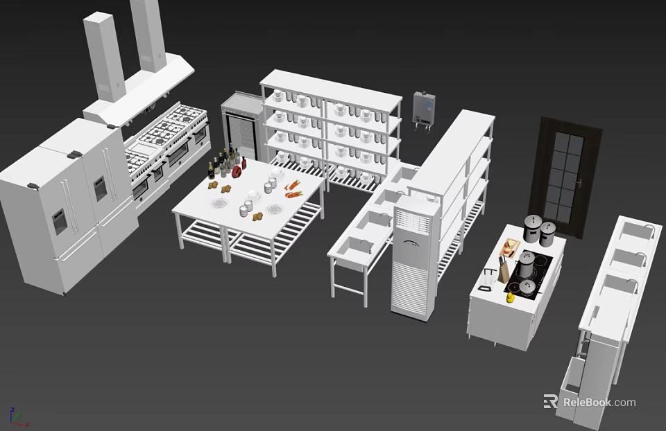 Modern Commercial Kitchen Setup With Essential Appliances Countertops And Shelves 3d model 