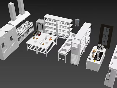 Modern Commercial Kitchen Setup With Essential Appliances Countertops And Shelves 3d model