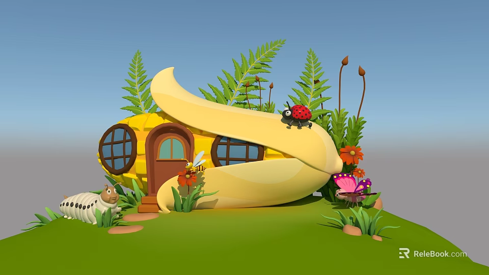 Yellow Banana Shaped Building With Round Windows Brown Door Green Plants Flowers Ladybug And Caterpillar 3d model 