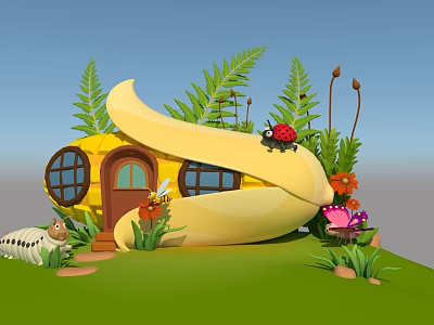Yellow Banana Shaped Building With Round Windows Brown Door Green Plants Flowers Ladybug And Caterpillar 3d model