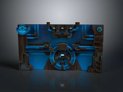 Futuristic Sci Fi Gate With Blue And Brown Mechanical Panels And Circular Control Hub 3d model