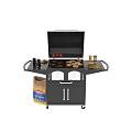 Outdoor Grill Cooking Burgers with Charcoal Buns Side Shelves and Condiments