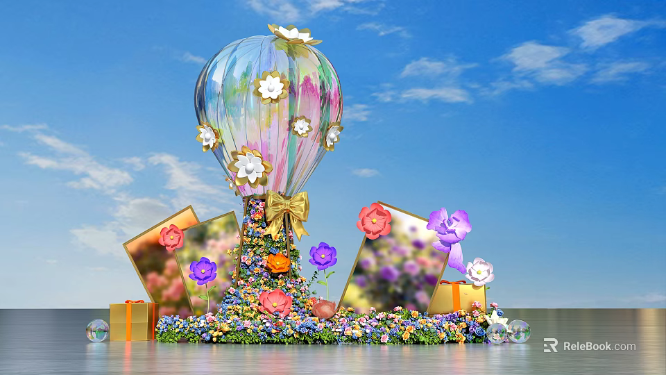 Colorful Photo Spot With Decorated Hot Air Balloon Photo Frames Gift Boxes And Blue Sky 3d model 