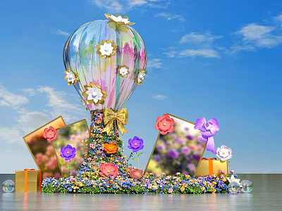 Colorful Photo Spot With Decorated Hot Air Balloon Photo Frames Gift Boxes And Blue Sky 3d model