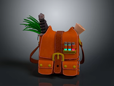Orange Leather Adventurous Backpack With Green Plants Small Bottles And Paper Roll 3d model