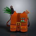 Orange Leather Adventurous Backpack With Green Plants Small Bottles And Paper Roll