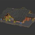 Log Cabin Exterior With Log Structure Gray Tile Roof And Stone Base Porch Columns