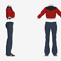 Red And Black Cropped Jacket With Blue Jeans White Cuffs Casual Clothing Outfit