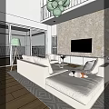 Duplex Living Room Interior With Stone Wall TV White Sofas Coffee Table And Potted Plant