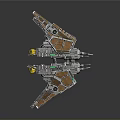 Sci-Fi Spaceship Model With Multiple Wings Brown Blue Metallic Colors Yellow Lights And Weapon Components