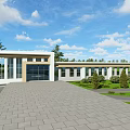 Modern Office Building With Wooden Striped Facade Large Glass Windows Main Entrance Landscaped Front Area