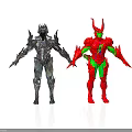 Silver Armored Mythical Figure and Red Green Horned Character with Detailed Features