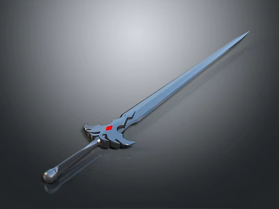 Fantasy Sword With Silver Sharp Blade Black Decorated Hilt And Red Gemstone 3d model