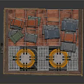 Industrial Platform Structure With Colored Crates Yellow Railings Circular Equipment And Stone Base