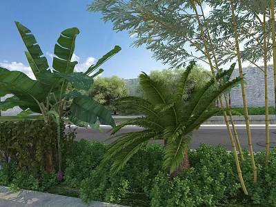Scenic Natural Landscape With Green Plants Palm Trees Road And Clear Blue Sky 3d model