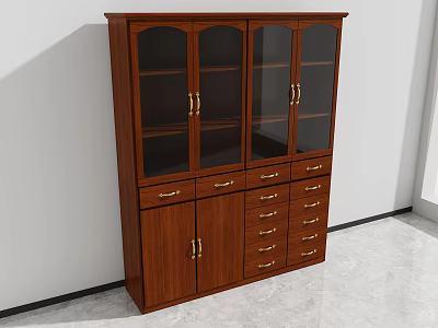 Classic Wooden File Cabinet With Glass Doors And Multiple Storage Drawers 3d model