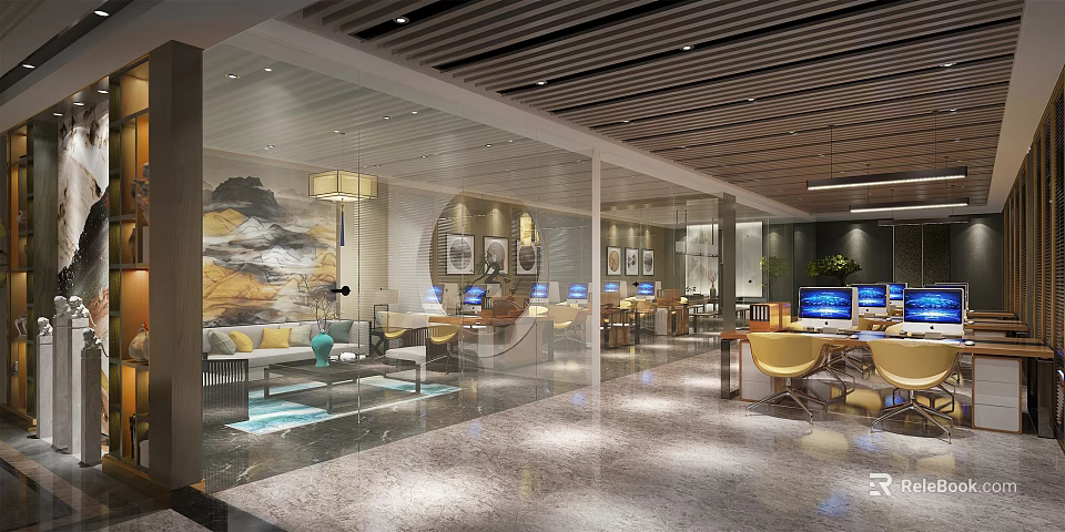 Modern Public Office Space With Glass Partitions Office Desks Computers Sofa And Decorative Paintings 3d model 