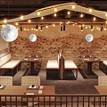 Cozy Restaurant Interior With String Lights Moon Decorations Brick Wall And Wooden Chairs
