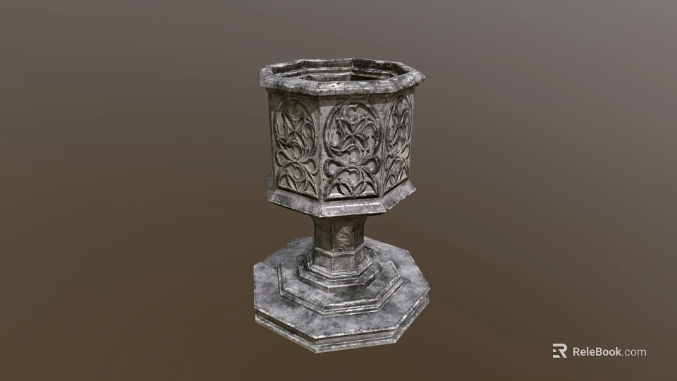 Carved Stone Octagonal Planter with Intricate Patterns and Pedestal Base for Garden Plants 3d model 