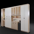 Modern Decorative Cabinet With Light Wood White Louvered Doors Open Shelves Countertop And Black Appliance