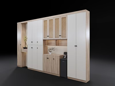 Modern Decorative Cabinet With Light Wood White Louvered Doors Open Shelves Countertop And Black Appliance 3d model
