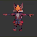3D Game Movie Fox Character In Red Blue Kimono Style Outfit With Alert Expression